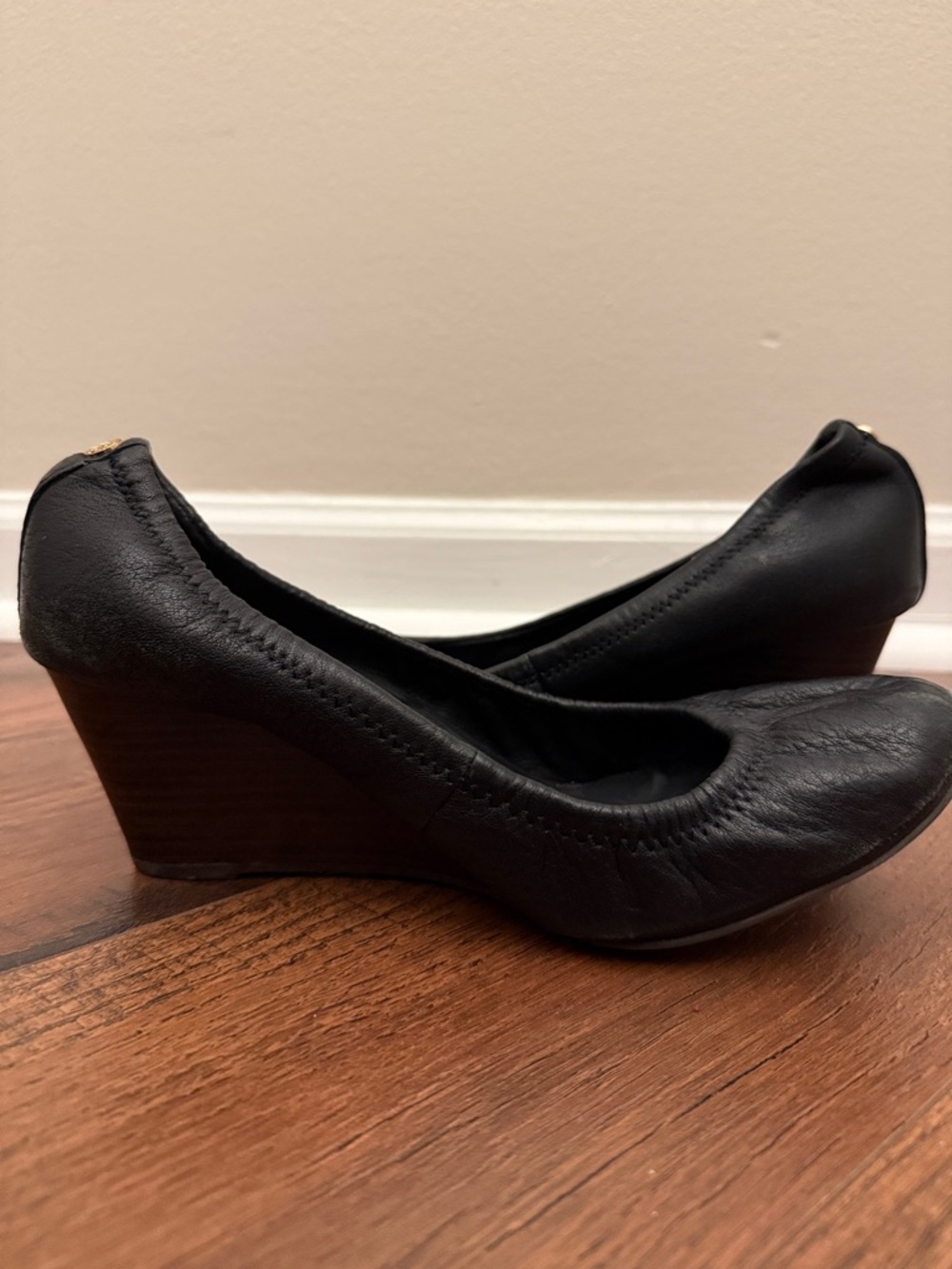 Tory Burch Black Leather Wedge Pumps